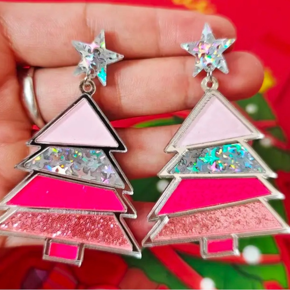 Pink acrylic Christmas tree earrings